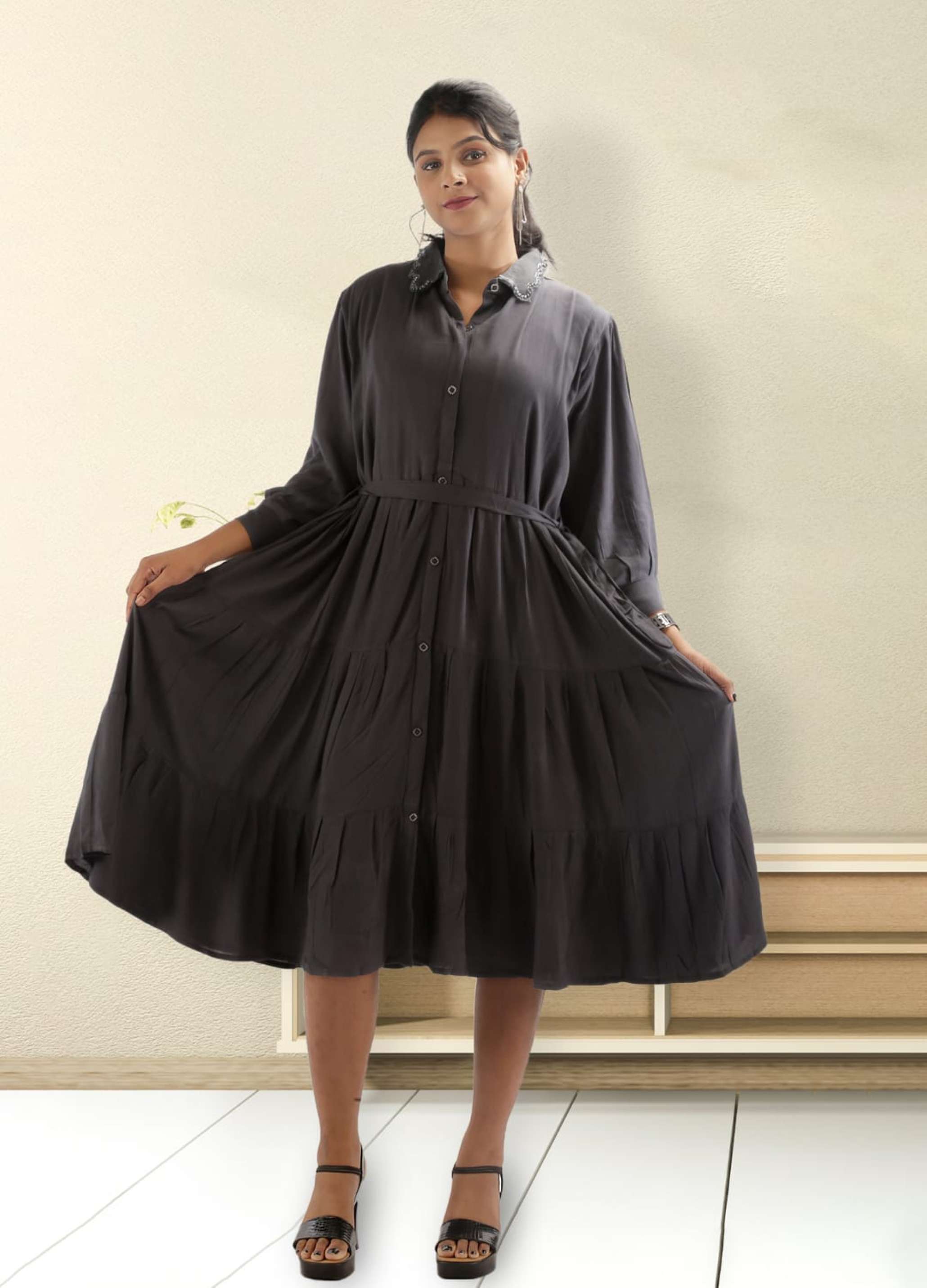 Shirt collar fit and flare dress